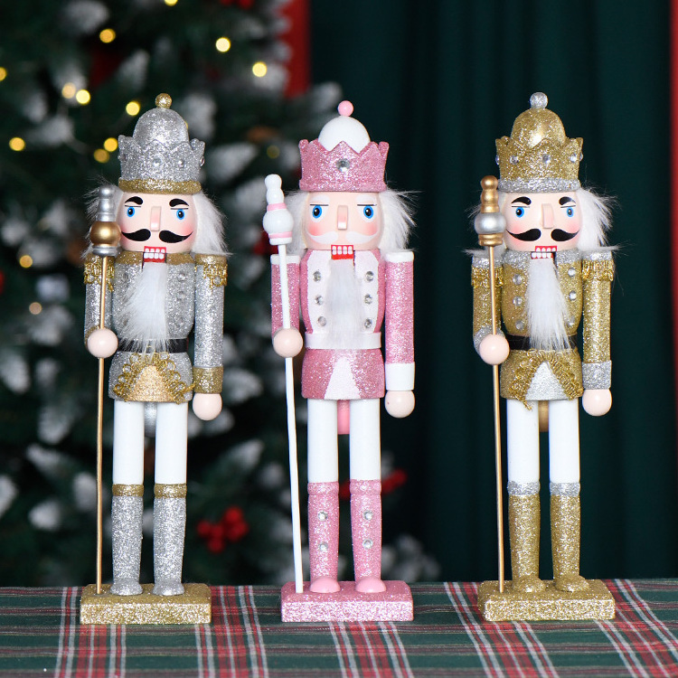 Wholesale Fashion Glitter 30cm Wooden Christmas Craft Pink Nutcracker for Home Decorations