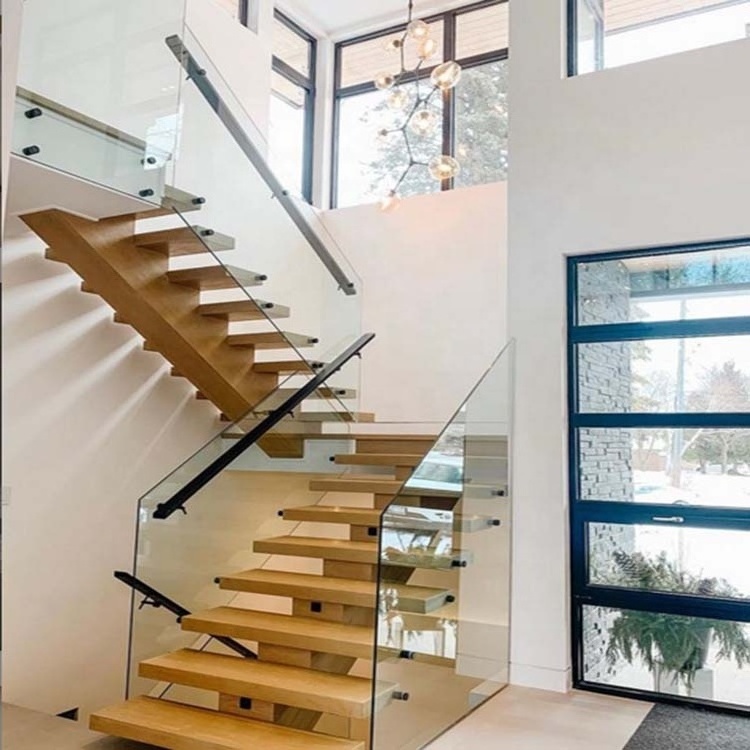 New design glass railing floating staircase indoor&outdoor straight wood stairs