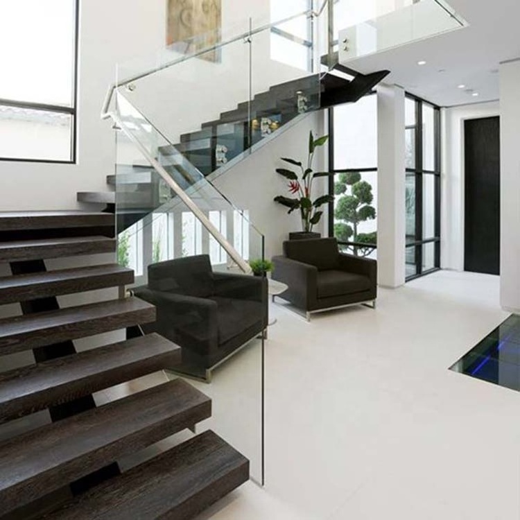 New design glass railing floating staircase indoor&outdoor straight wood stairs