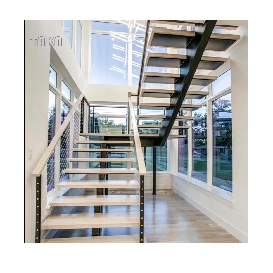 New design glass railing floating staircase indoor&outdoor straight wood stairs