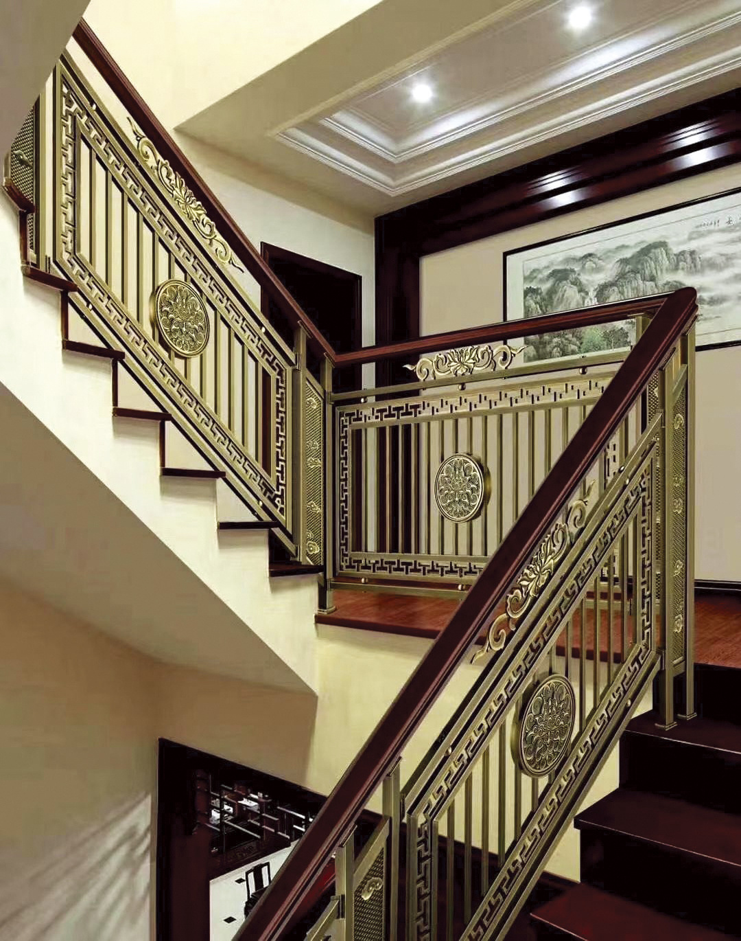 TAKA interior brass color metal aluminum carve staircase railing modern luxury stair railings