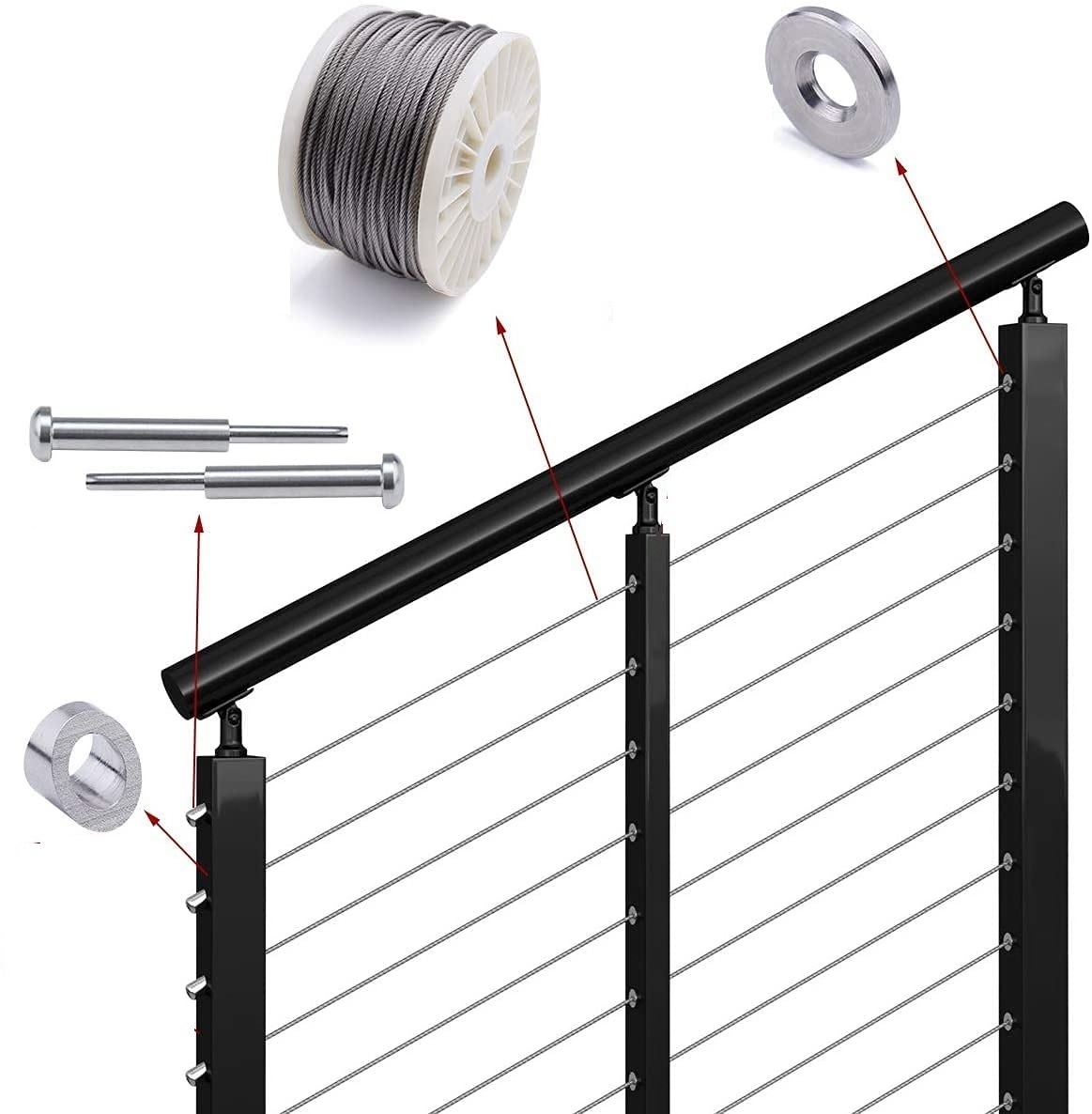 TAKA Assembled Weldless Stainless Steel Black Powder Coated Side Mount Surface Mount Posts Deck Stair Cable Railing Post