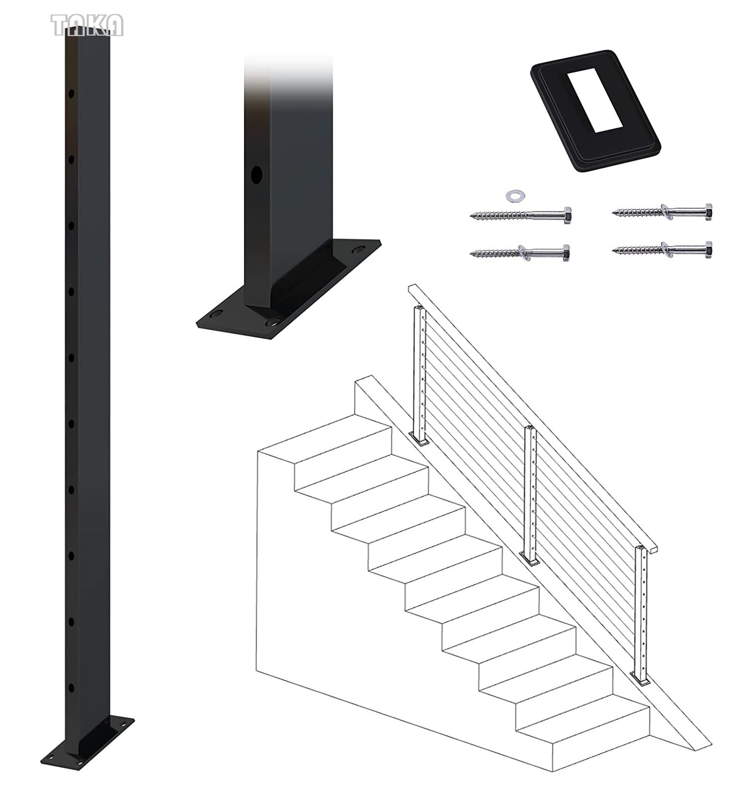 TAKA Assembled Weldless Stainless Steel Black Powder Coated Side Mount Surface Mount Posts Deck Stair Cable Railing Post