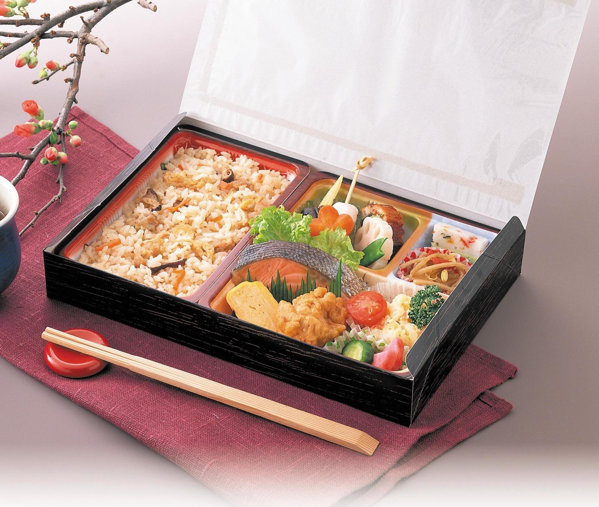 Custom you logo Japanese lunch box bento boxes ecofriendly paper food packaging 4 compartment brilliant color Japan made