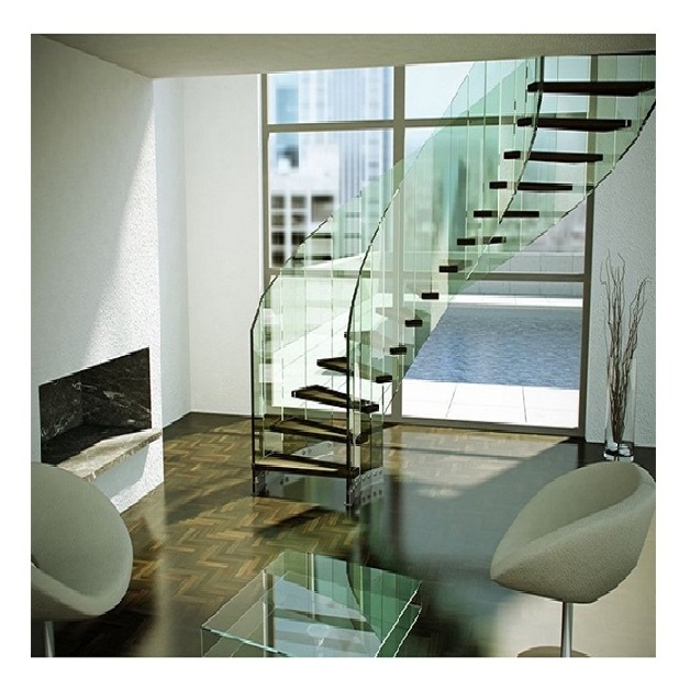 TAKA glass spiral staircase indoor curve shape stairs design with stainless steel glass railing