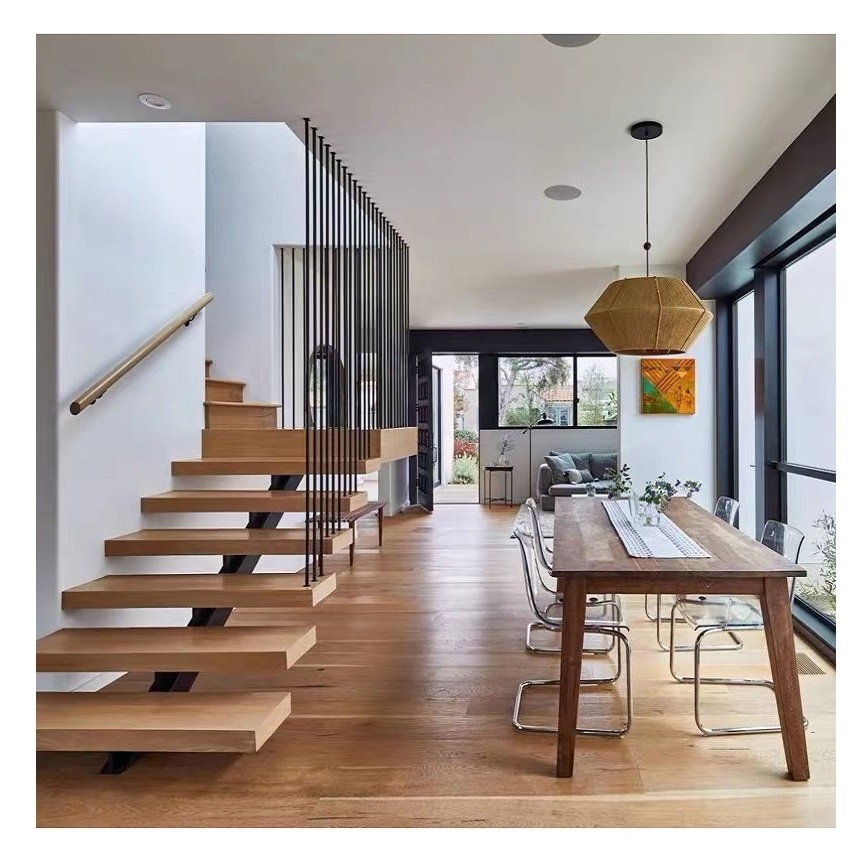 TAKA Indoor stairs single beam straight floating stairs with solid wood steps for metal wooden staircase