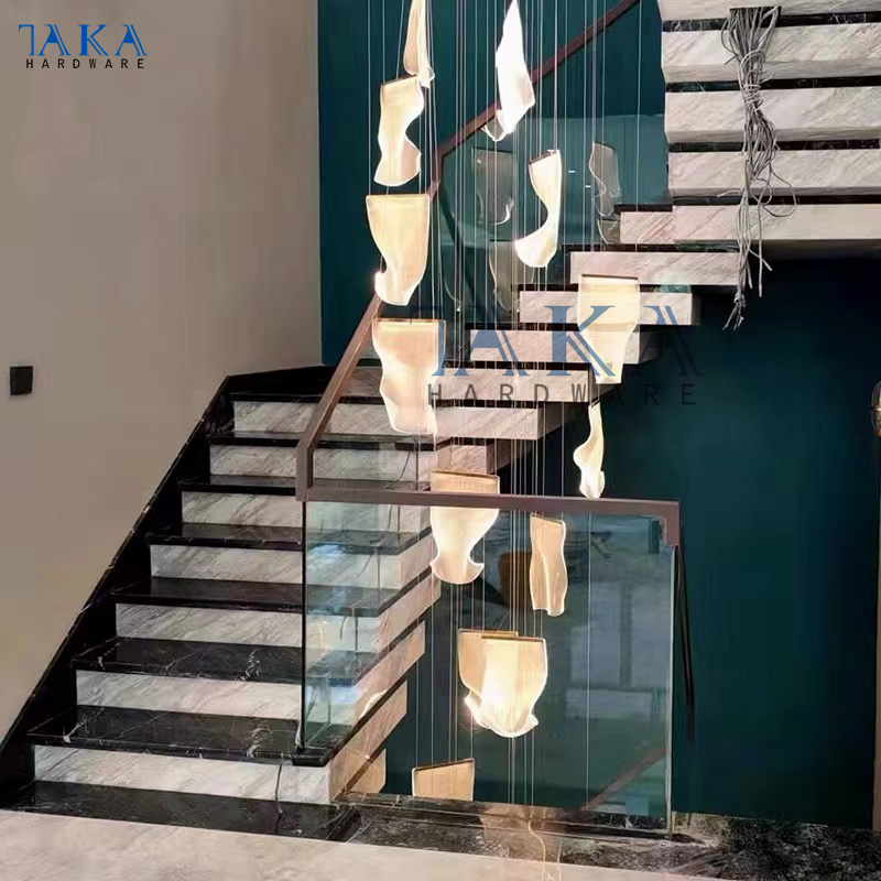 Factory Direct Floating Straight Staircase With Marble Tread and Frameless Glass Railing Floating Stairs