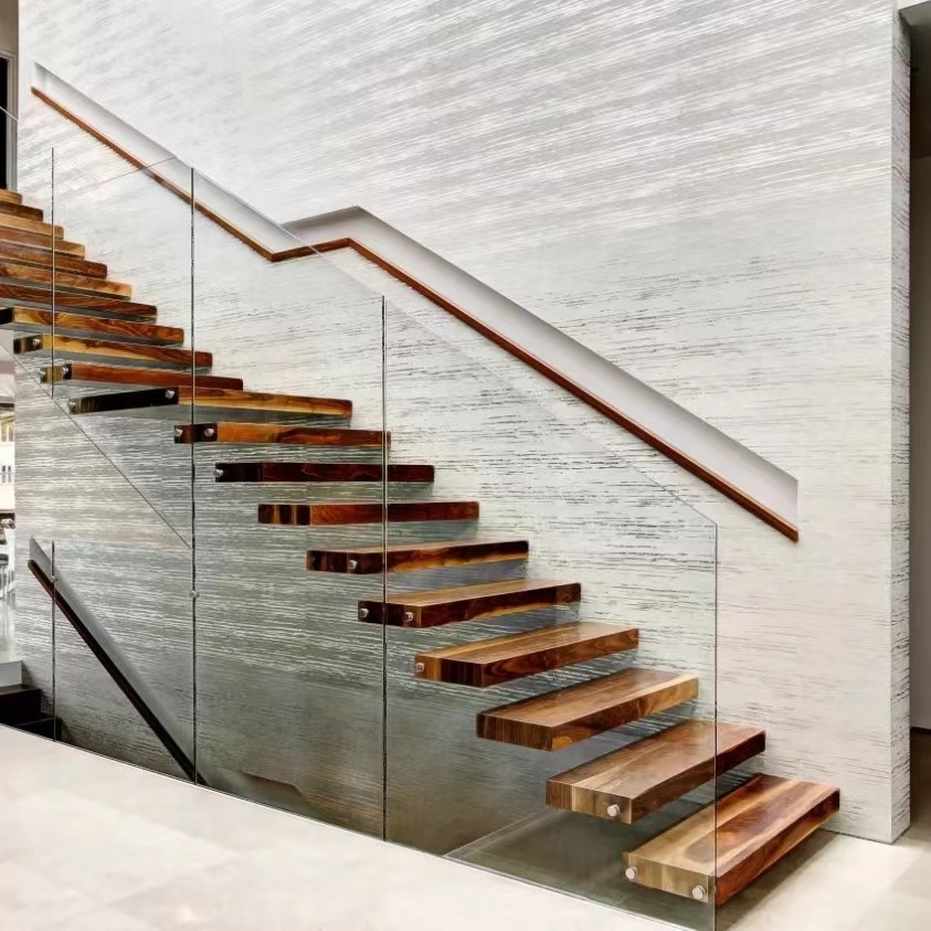 TAKA Indoor stairs single beam straight floating stairs with solid wood steps for metal wooden staircase