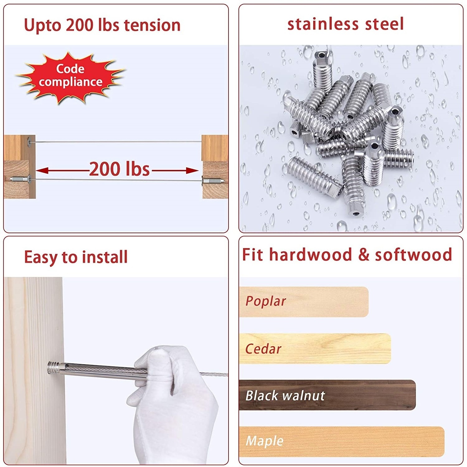 TAKA Invisible Cable Railing Kit Swage Lag Screw Tensioner for Wire Rope Wood Posts Stainless Steel Cable Railing