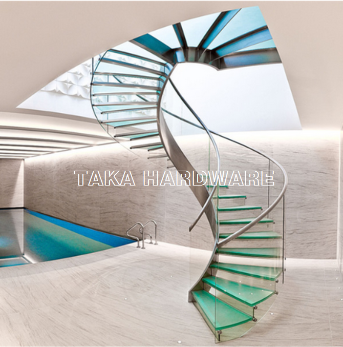 TAKA glass spiral staircase indoor curve shape stairs design with stainless steel glass railing