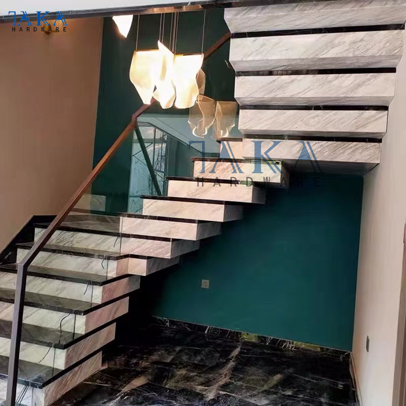 Factory Direct Floating Straight Staircase With Marble Tread and Frameless Glass Railing Floating Stairs