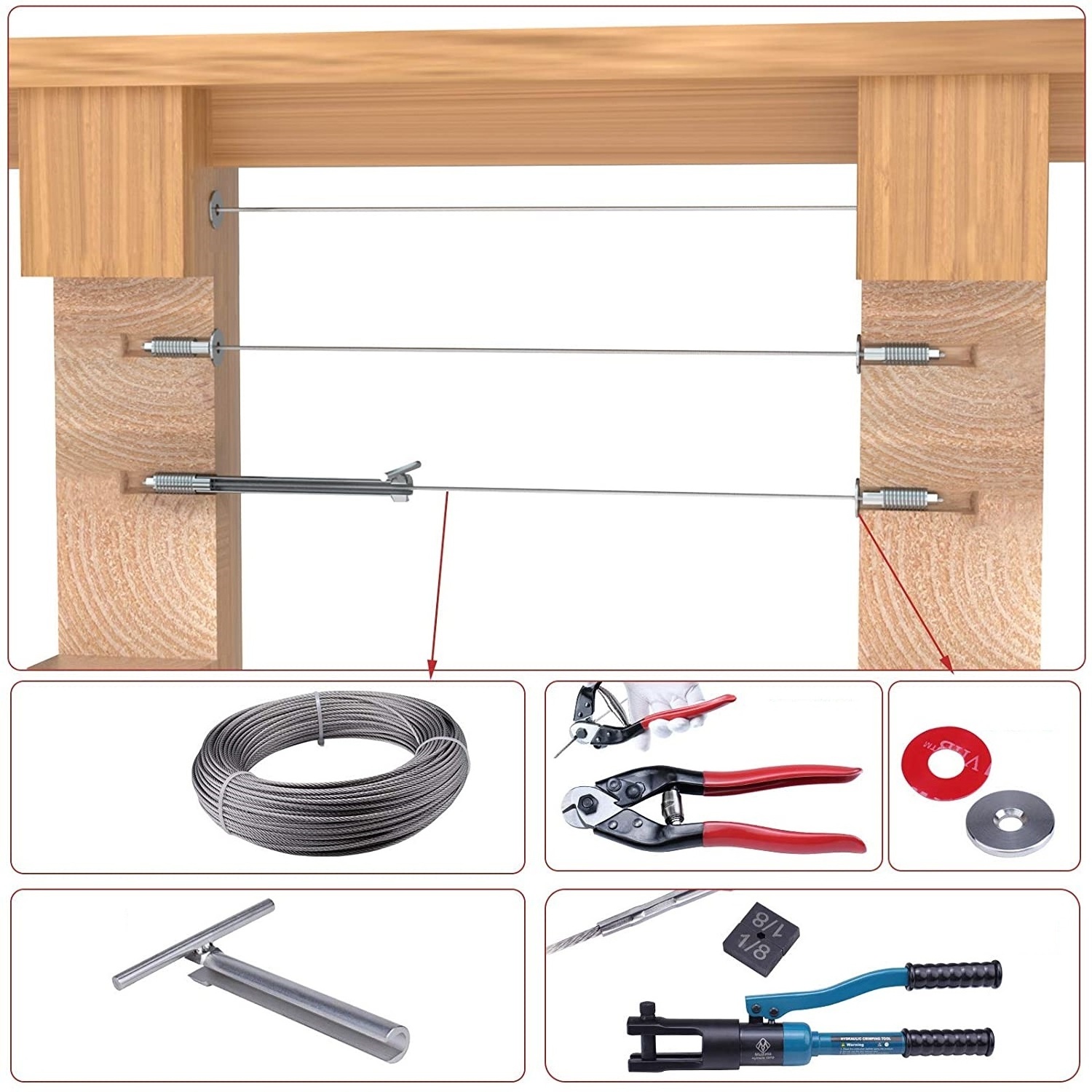 TAKA Invisible Cable Railing Kit Swage Lag Screw Tensioner for Wire Rope Wood Posts Stainless Steel Cable Railing