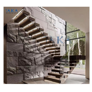 Factory Direct Floating Straight Staircase With Marble Tread and Frameless Glass Railing Floating Stairs