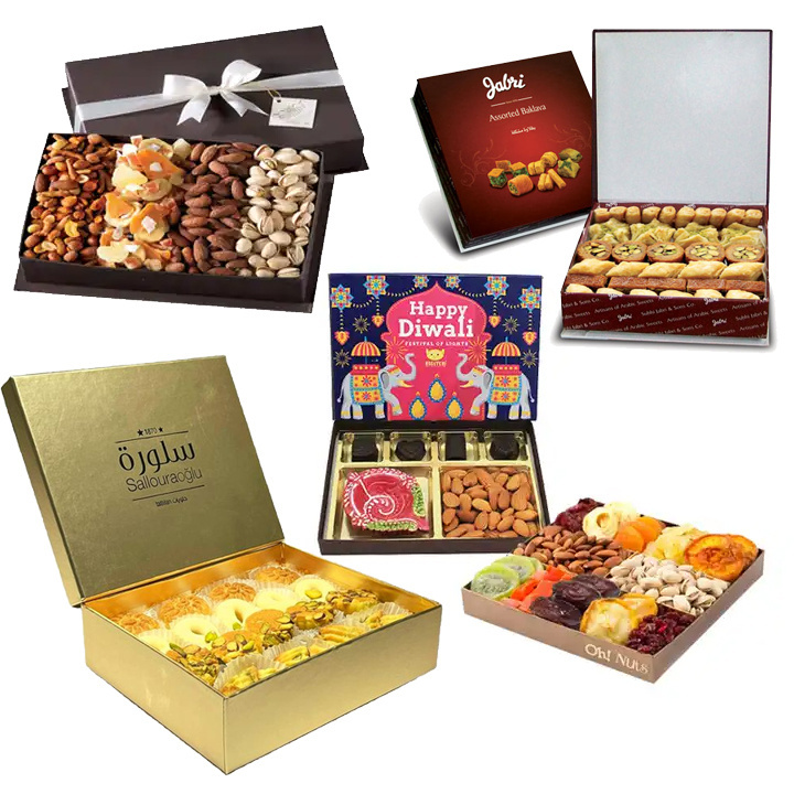 Custom Logo Disposable Paper Arabic Food Dates Dried Nuts Candy Baklava Packaged Dry Fruits Diwali Gift Packing Box