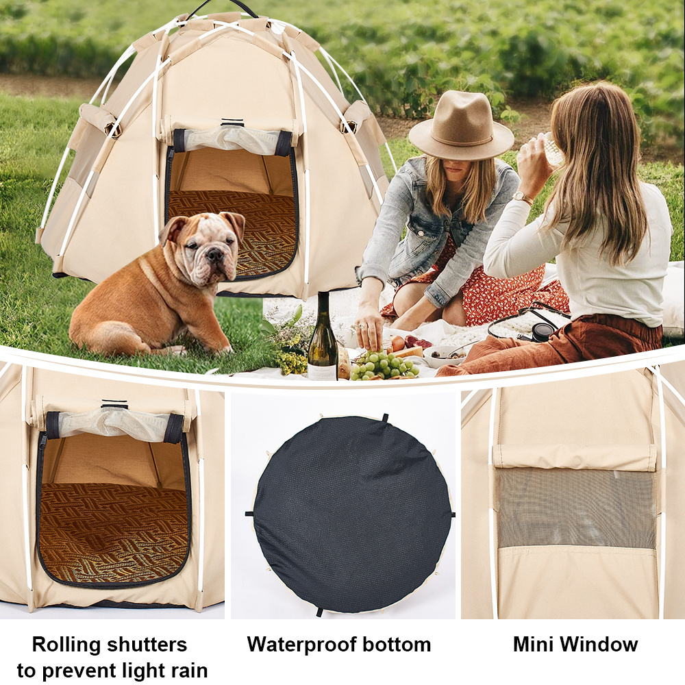 Factory Windproof Beige Portable Folding Pop Up Dog Cat Outdoor Tent Pet Camping Tent Pet Tent With Handle On Top