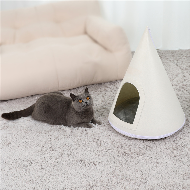 Factory Price Semienclosed Light Color Pet Teepee Dog & Puppy Tents Tipi Bed Portable Felt Cat Bed Cat Beds For Indoor Cats