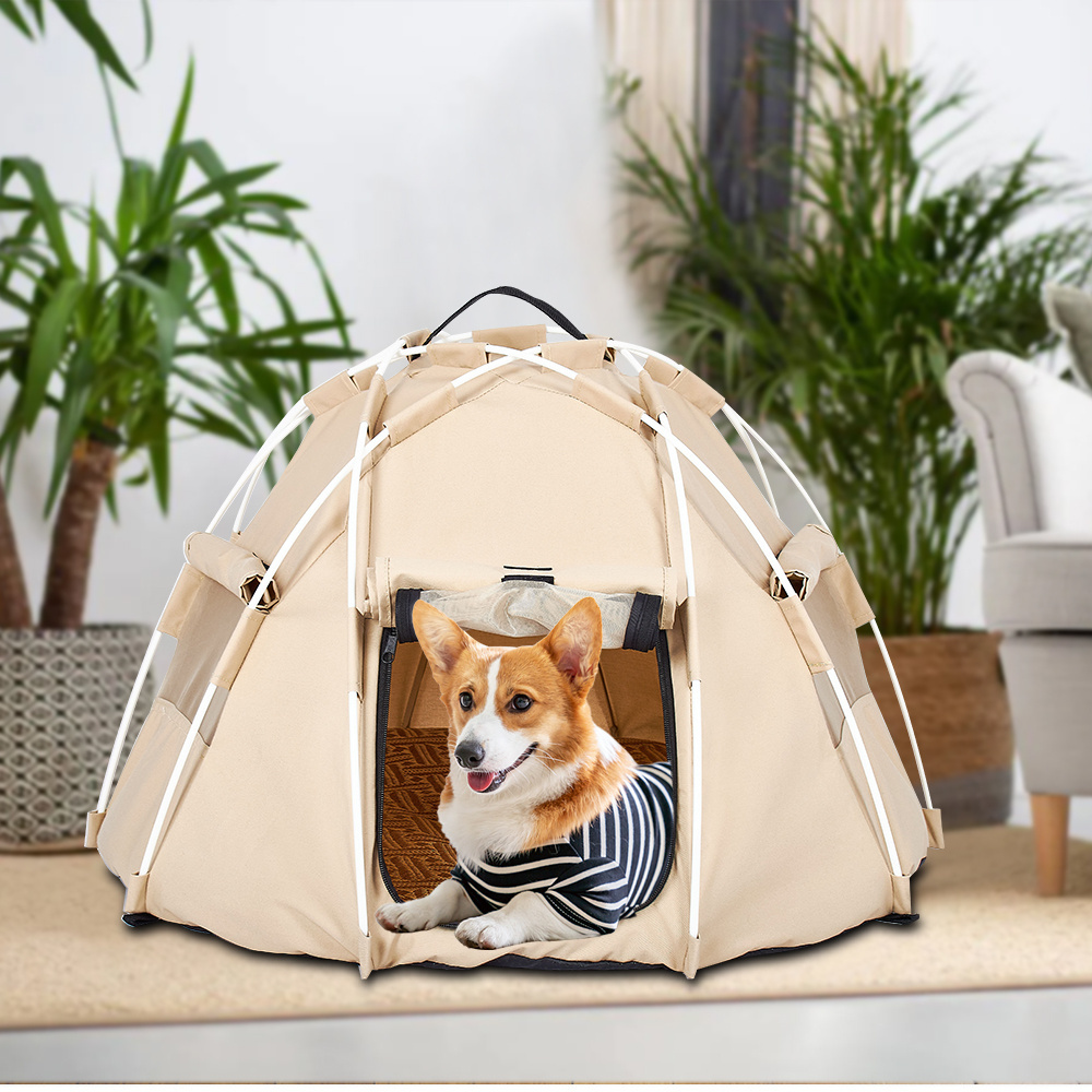 Factory Windproof Beige Portable Folding Pop Up Dog Cat Outdoor Tent Pet Camping Tent Pet Tent With Handle On Top