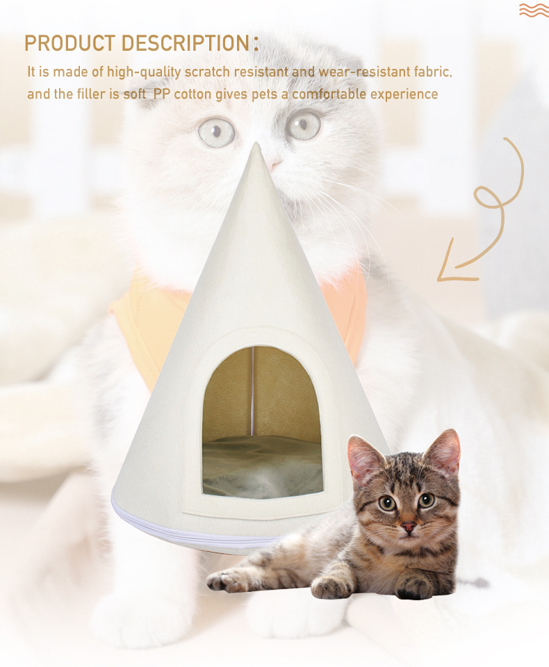 Factory Price Semienclosed Light Color Pet Teepee Dog & Puppy Tents Tipi Bed Portable Felt Cat Bed Cat Beds For Indoor Cats