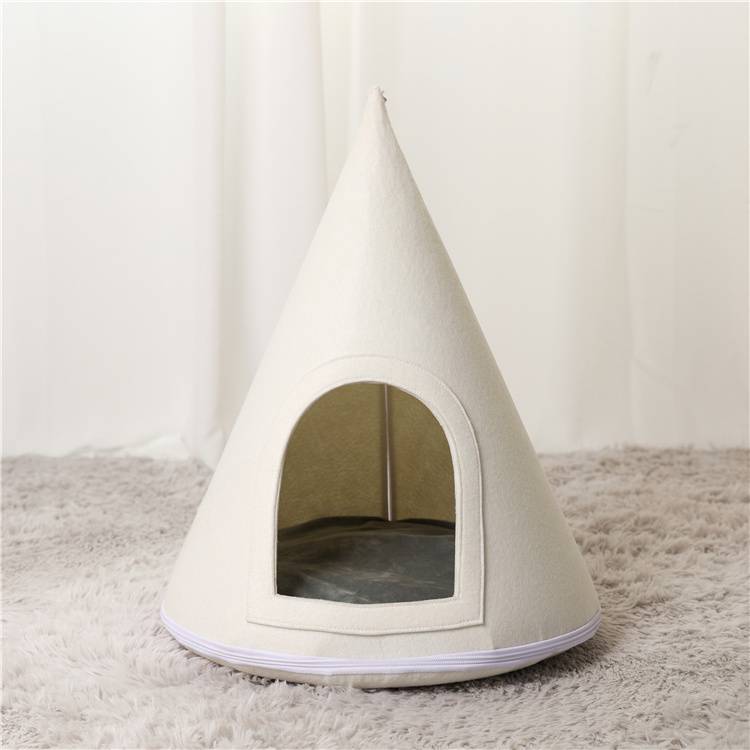 Factory Price Semienclosed Light Color Pet Teepee Dog & Puppy Tents Tipi Bed Portable Felt Cat Bed Cat Beds For Indoor Cats