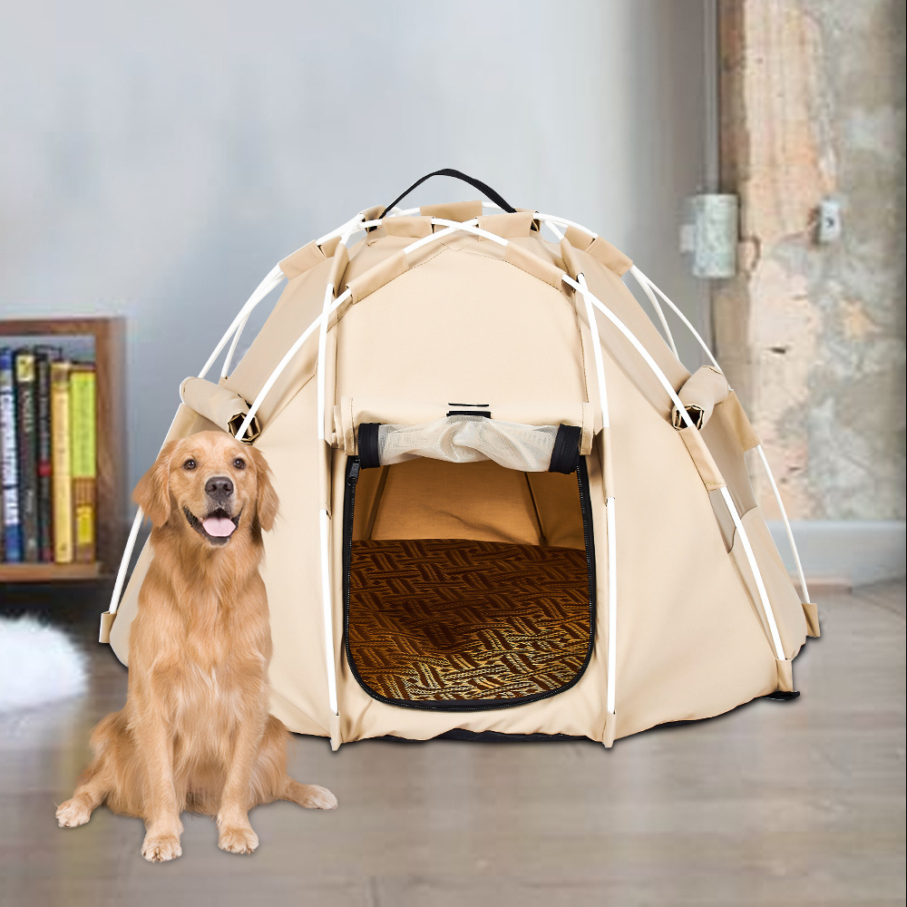 Factory Windproof Beige Portable Folding Pop Up Dog Cat Outdoor Tent Pet Camping Tent Pet Tent With Handle On Top