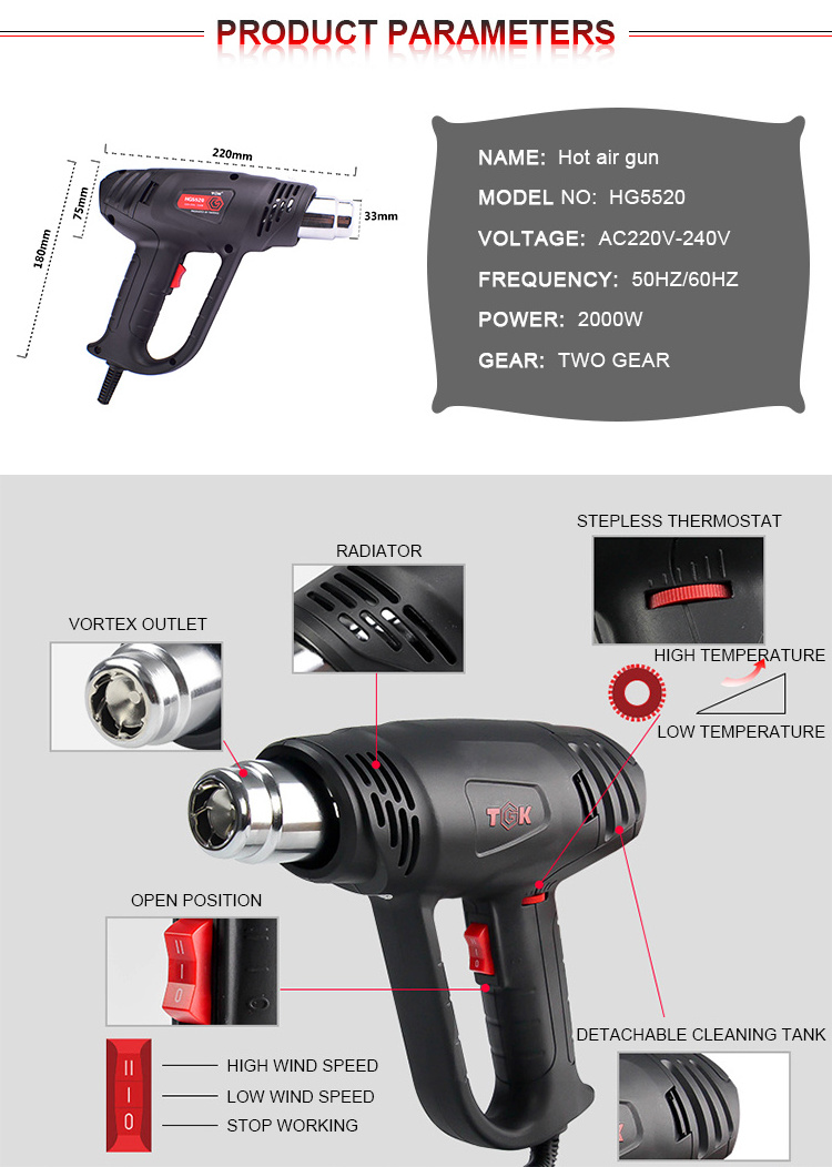 Industrial OEM electric 2000W hot air heat gun easy operate quick temperature adjustment heat gun