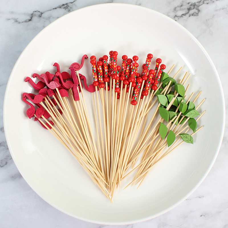 cocktail Picks bamboo Fruit Sticks Wooden Flamingo Tropical Cactus Palm Leaf Umbrella Firework Food Drink Picks for Party Home