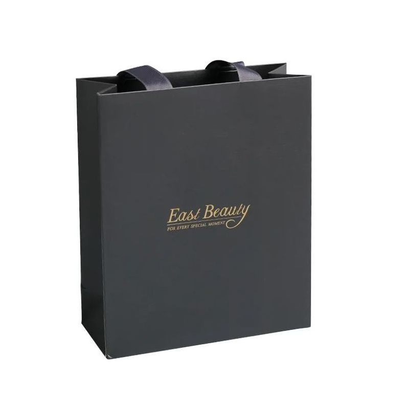 Black Elegent Custom LOGO UV Coated Paper Gift Bags For Jewelry Watch Perfume Small Business Packaging with Ribbon Handles