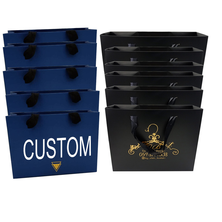 Clothes Store Retail Packaging Custom Luxury Black Gift Carry Bags Boutique Shopping Paper Bags With Your Own Logo