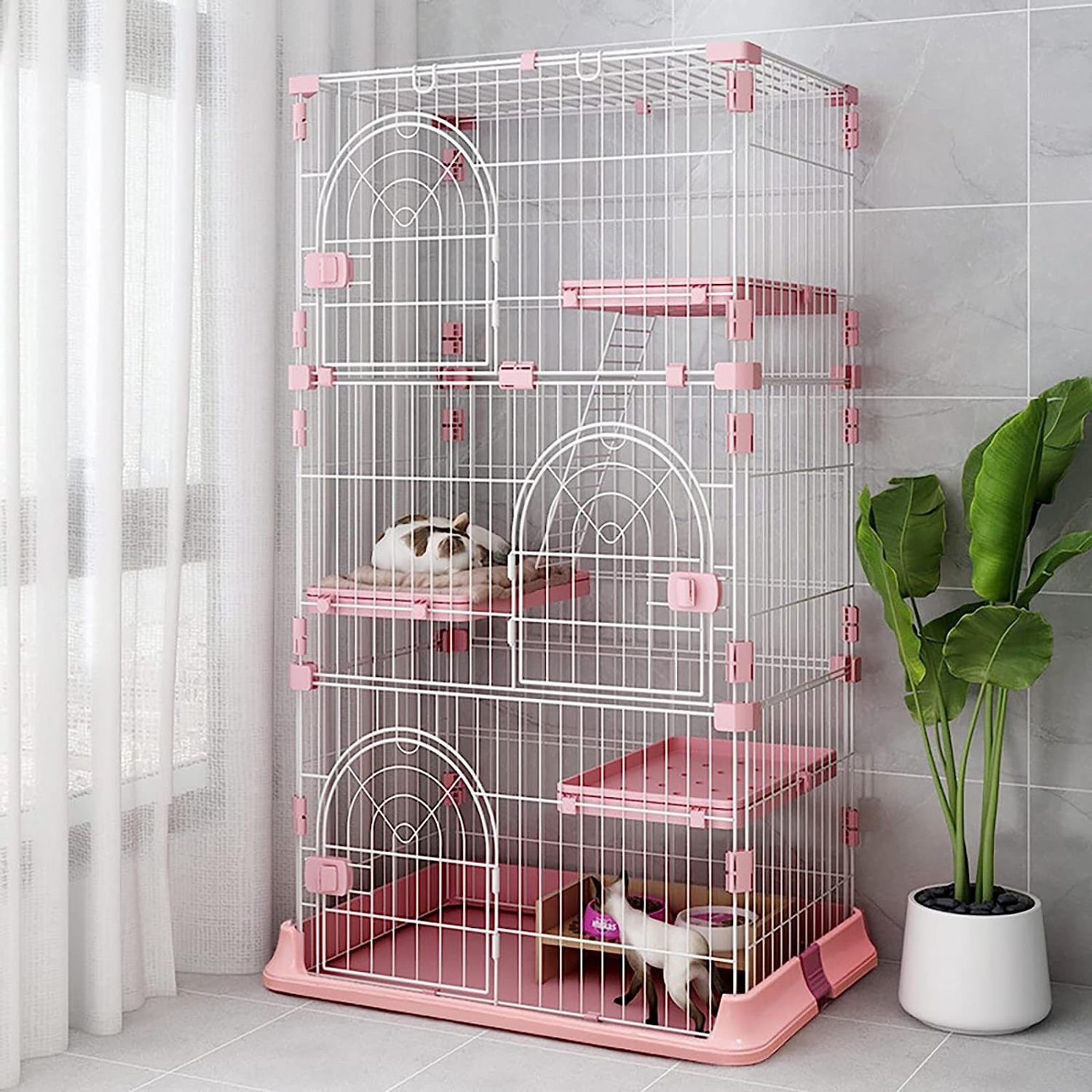 Hot Sale Cute Pink 4-Tier 52 Inches Collapsible Metal Cat Cage House for Dog Cat Pet House