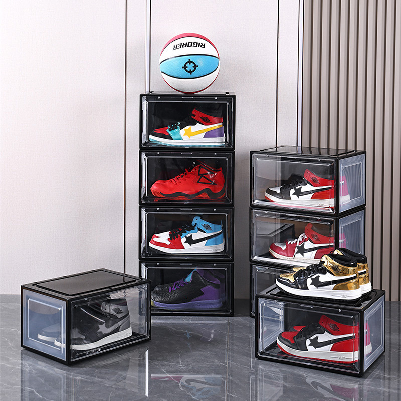 large Plastic collapsible Clear shoe racks side open Transparent stackable storage foldable box black White organizer