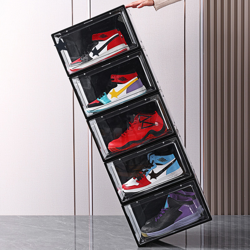 large Plastic collapsible Clear shoe racks side open Transparent stackable storage foldable box black White organizer