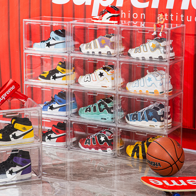 Magnetic Foldable transparent Sneaker Display Organizer Container Storage crate Acrylic Clear Drop Front Plastic Shoe Box