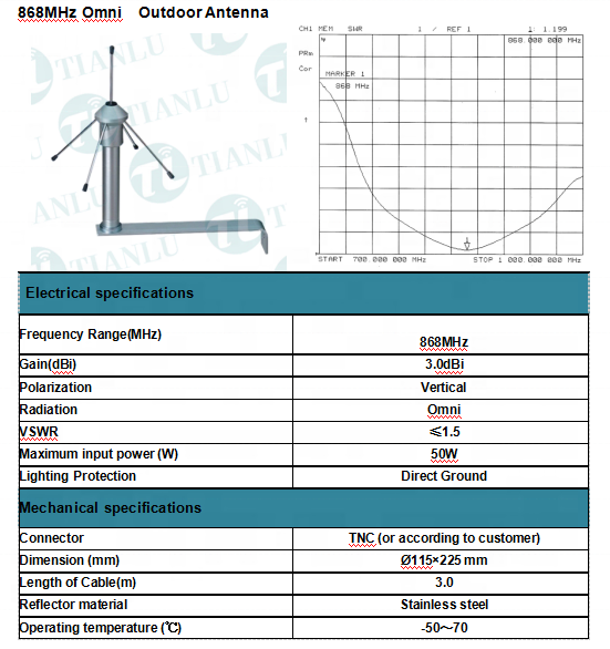 868MHz  Umbrella Wireless Omni directional Stainless steel Ground Plane Outdoor antenna with L bracket