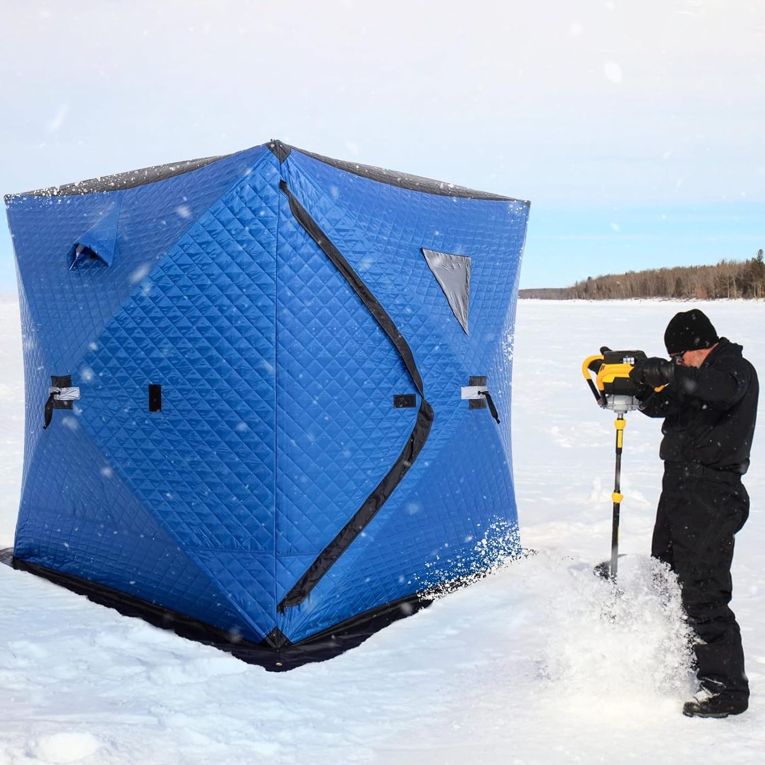 Ice Fishing Shelter Insulated Ice Fishing Pop-Up Tent for 1-2 Person with Ropes Carry Bag Windproof