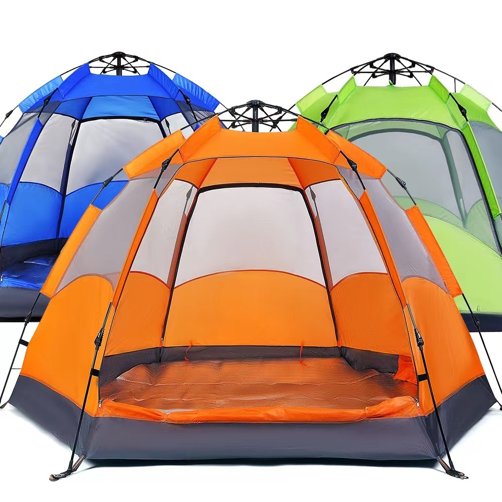 5-7 Person Automatic Camping Tent, Dual Layer Summer Mongolian Hexagonal Yurt Tourist Tent For Outdoor Travel