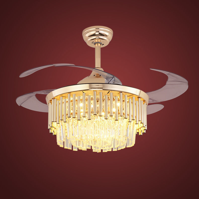 Modern Residential 36 Inch Dimming Remote Control Crystal Ceiling Pendant Light Led Luxury Chandelier Ceiling Fan Lamp