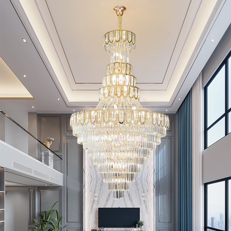 Luxury Gold Crystal Lamp For High Ceiling Large Entry Chandelier Hotel Lobby Chandeliers Hanging Light Fixture