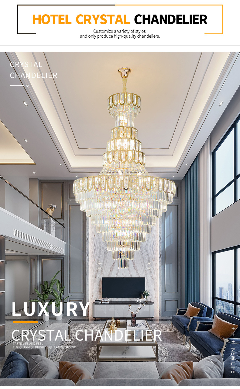 Luxury Gold Crystal Lamp For High Ceiling Large Entry Chandelier Hotel Lobby Chandeliers Hanging Light Fixture