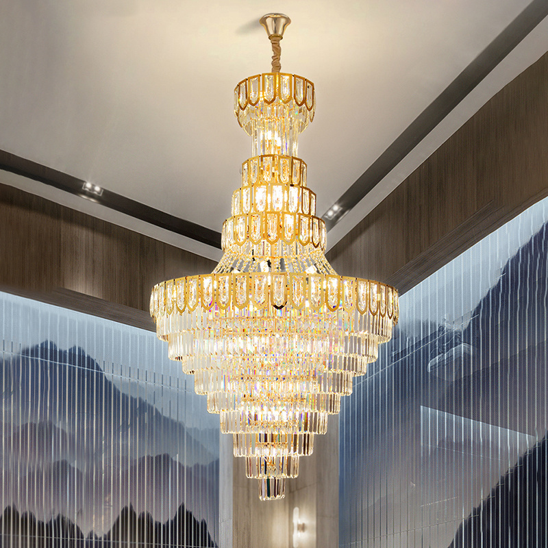 Luxury Gold Crystal Lamp For High Ceiling Large Entry Chandelier Hotel Lobby Chandeliers Hanging Light Fixture