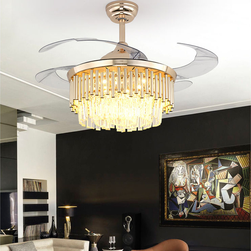 Modern Residential 36 Inch Dimming Remote Control Crystal Ceiling Pendant Light Led Luxury Chandelier Ceiling Fan Lamp