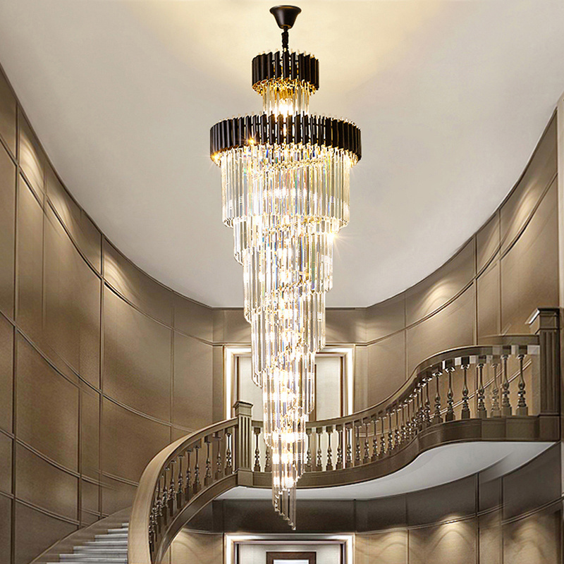 Modern Black And Gold Long Crystal Chandelier Lights For Foyer Pendant Lamp Entryway Long Chandelier Modern