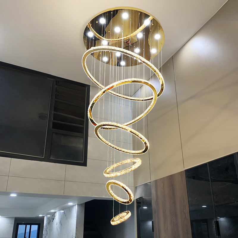 Nordic Circle Apartment Large Chandeliers Pendant Lights Luxury Gold Crystal Hotel Engineering Long Staircase Lights For Home