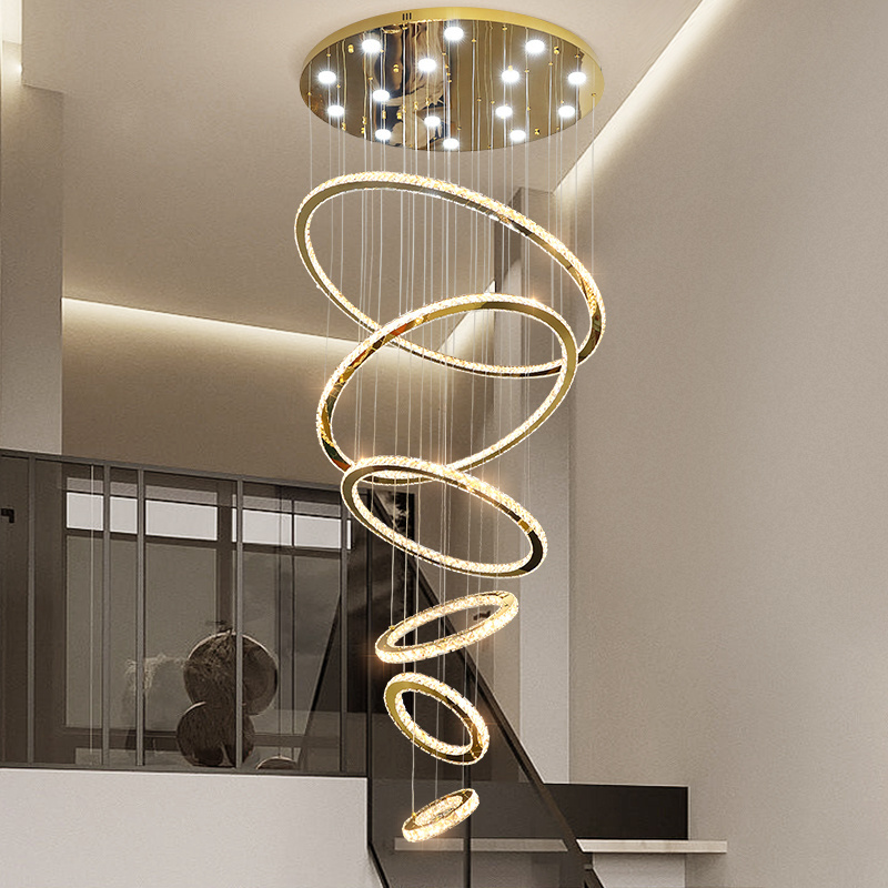 Nordic Circle Apartment Large Chandeliers Pendant Lights Luxury Gold Crystal Hotel Engineering Long Staircase Lights For Home