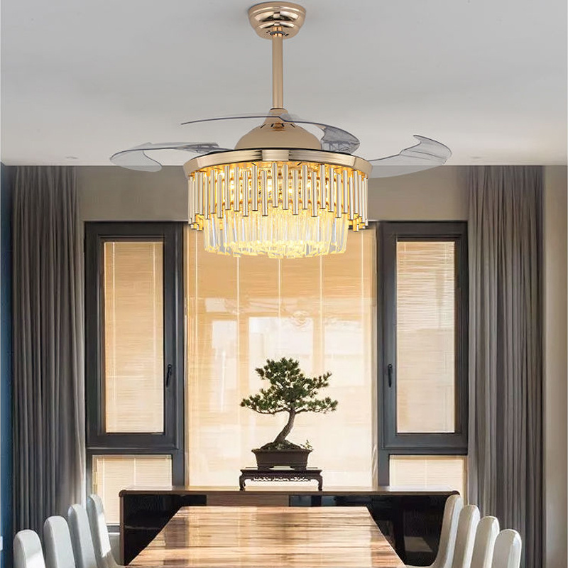 Modern Residential 36 Inch Dimming Remote Control Crystal Ceiling Pendant Light Led Luxury Chandelier Ceiling Fan Lamp