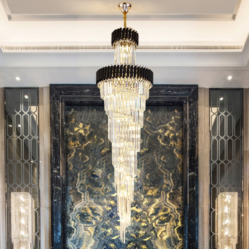 Modern Black And Gold Long Crystal Chandelier Lights For Foyer Pendant Lamp Entryway Long Chandelier Modern