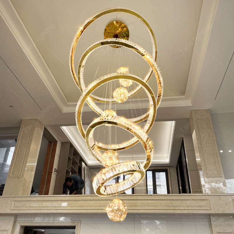 Guzhen Factory Luxury Hotel Long Staircase Light Modern K9 Crystal Large Pendant Light High Ceiling Hanging Ring Pendant Light