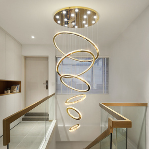 Luxury Villa Suspended High Ceiling Lighting Fixtures Modern Attic Gold Crystal Remote Control Adjustable Long Staircase Lights