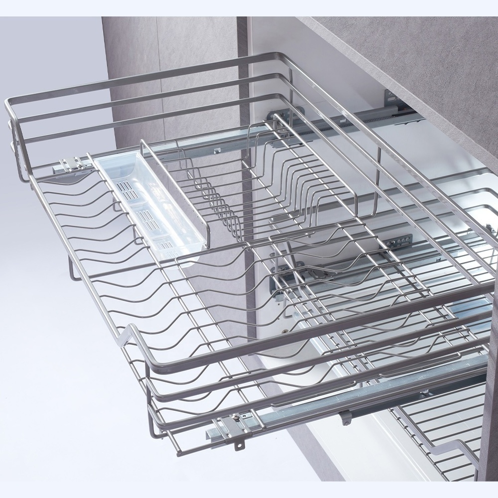 SUS304 Stainless Steel kitchen accessories cabinets storage dish rack sliding drawer pull out wire basket