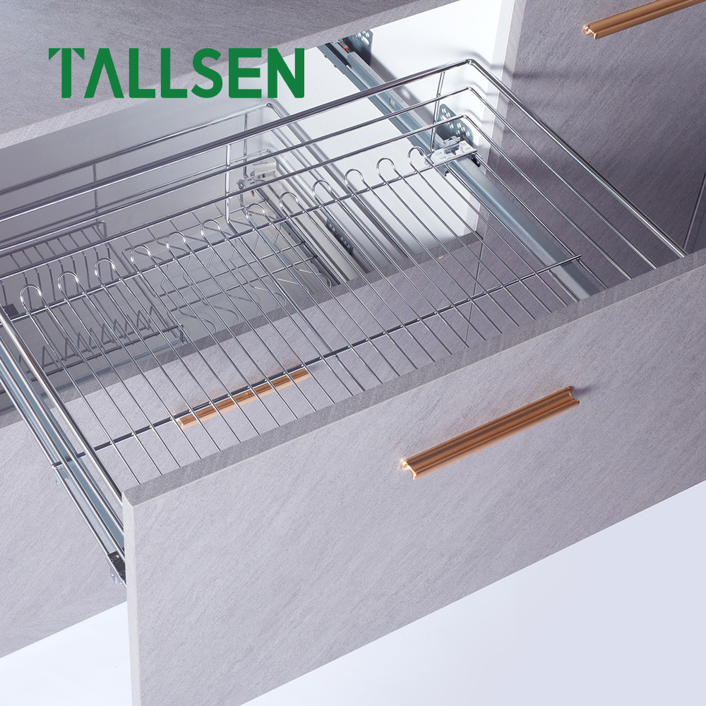 kitchen pull out cabinet organizer drawer sliding Soft stop three side bowl Rack wire basket