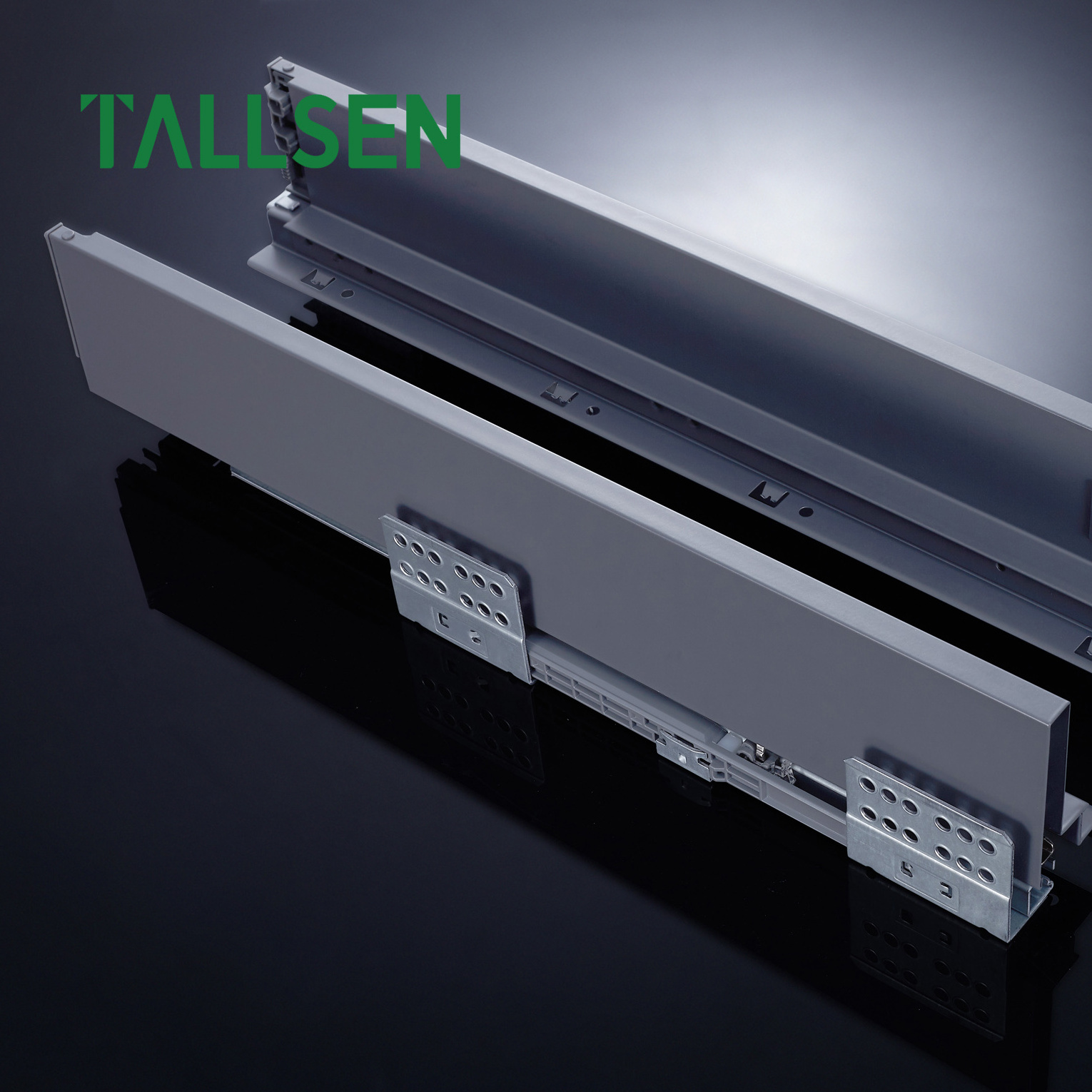 Tallsen High Quality Soft Close Push To Open  Cabinet Kitchen Slim Box Stainless Metal Drawer Slide System With Glass